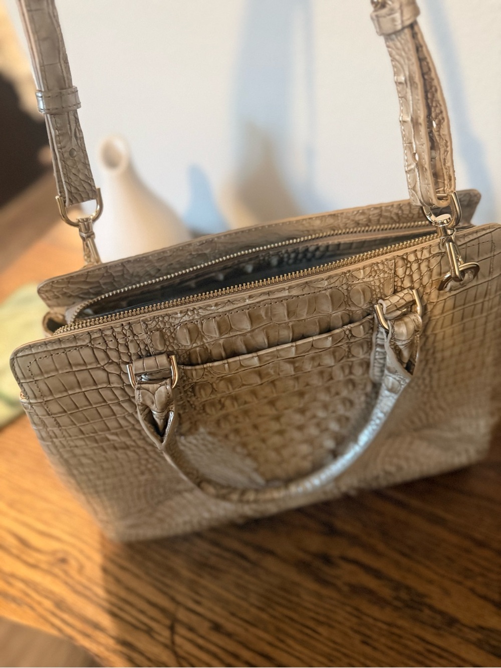 Brahmin Croc-Embossed Satchel in Taupe - Picture 6 of 7